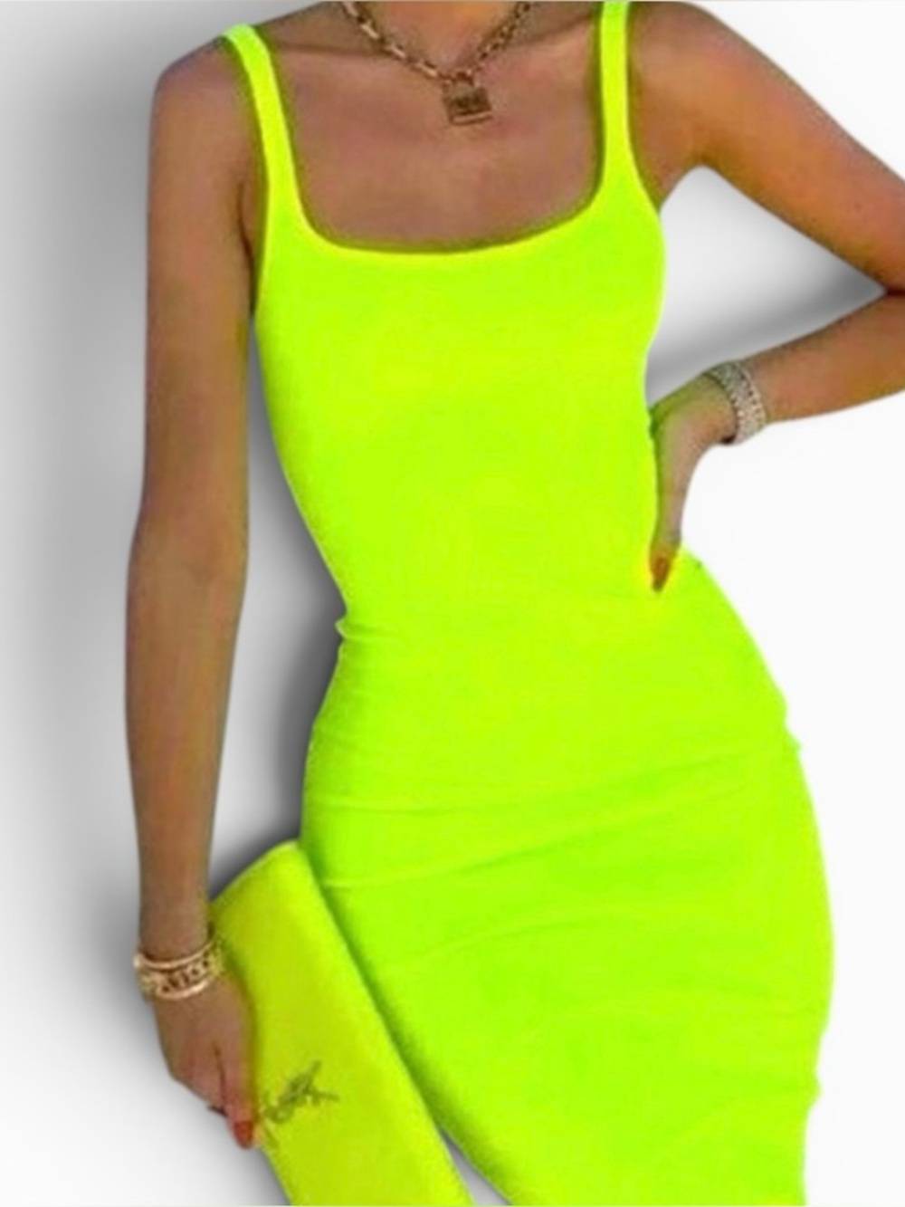 ZARA Neon Lime Bodycon Tank Midi Knee Length Dress